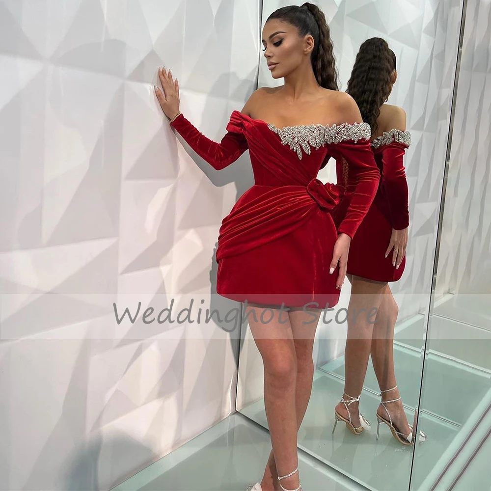 Red Velvet Cocktail Dress cocktail dress Mini Off the Shoulder Long Sleeves Gown Short Sparkle Crystal A Line Sexy Birthday Party