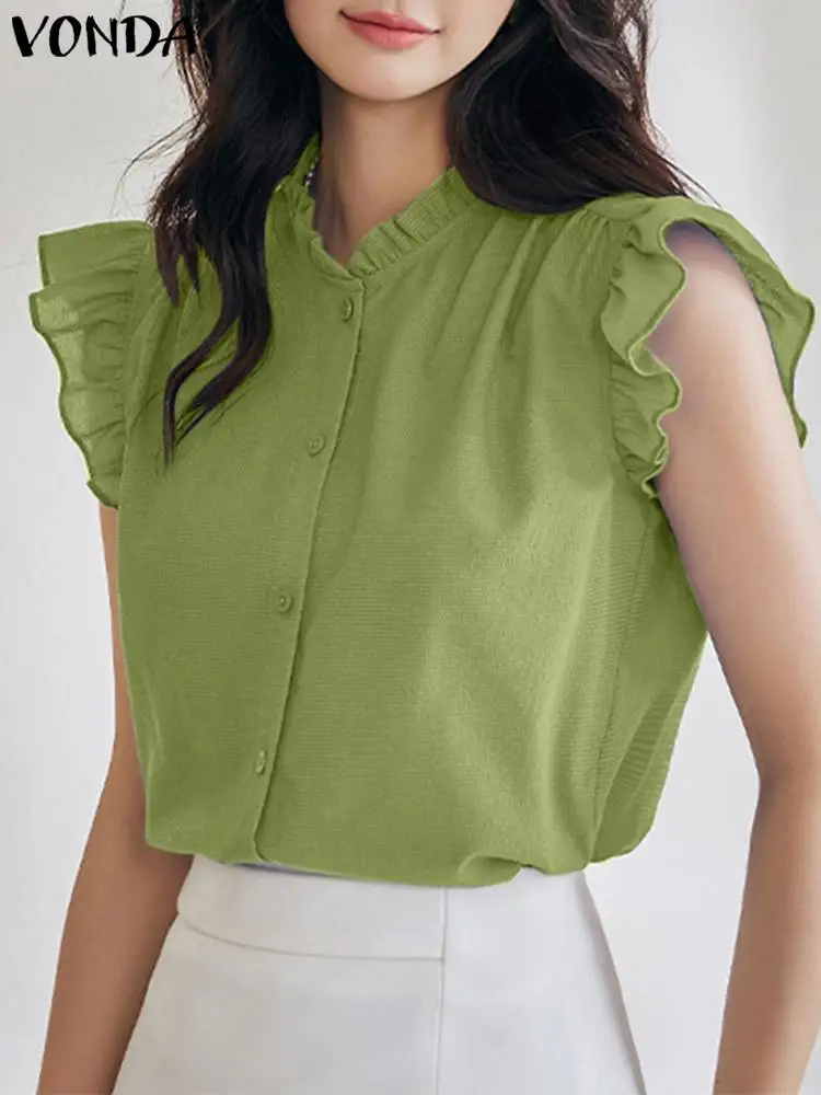 

VONDA Summer 2024 Tops Blouses Women Fashion Sleeveless Solid Ruffles Female OL Work Office Shirts Casual Vintage Tunic Blusas