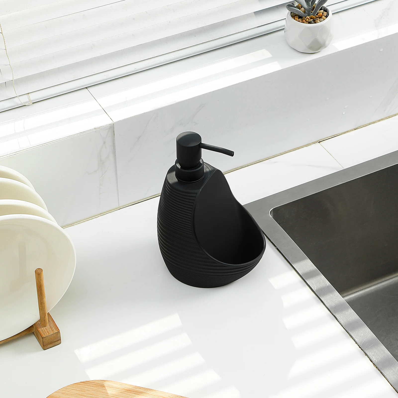 2-in-1 Modern Kitchen Soap Dispenser with Sponge Holder Nylon Scrubber Matte Stripe Black