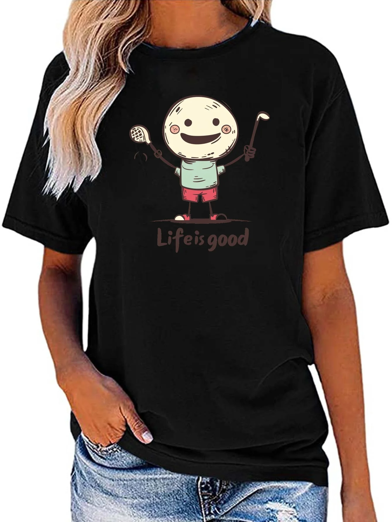 

Cute Cartoon Print Crew Neck T-shirt, Casual Short Sleeve Top For Spring & Summer, Women's Clothing