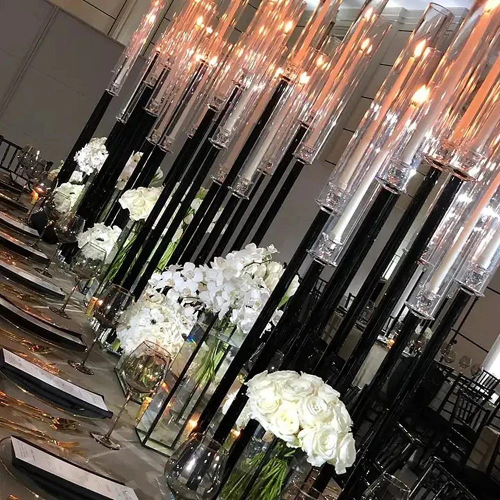 

10pcs)New trend black tall long-stemmed acrylic table candlestick wedding centerpiece crystal tube candelabra for sale 393