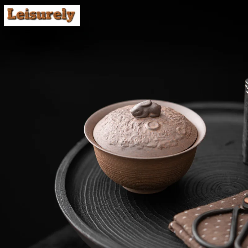 Hand Pinched Rock Mud Gaiwan Antique Rough Pottery High Foot Tea Tureen Japanese Tea Maker Cover Bowl Chinese Tea Set Ornaments