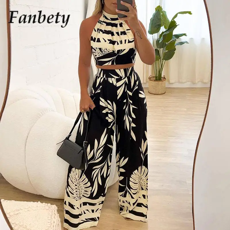 

Fashion Sleeveless High Street Two-Piece Elegant Lace-Up Suspender Halter Top And Trousers Set Vintage Printed Beach Resort Set