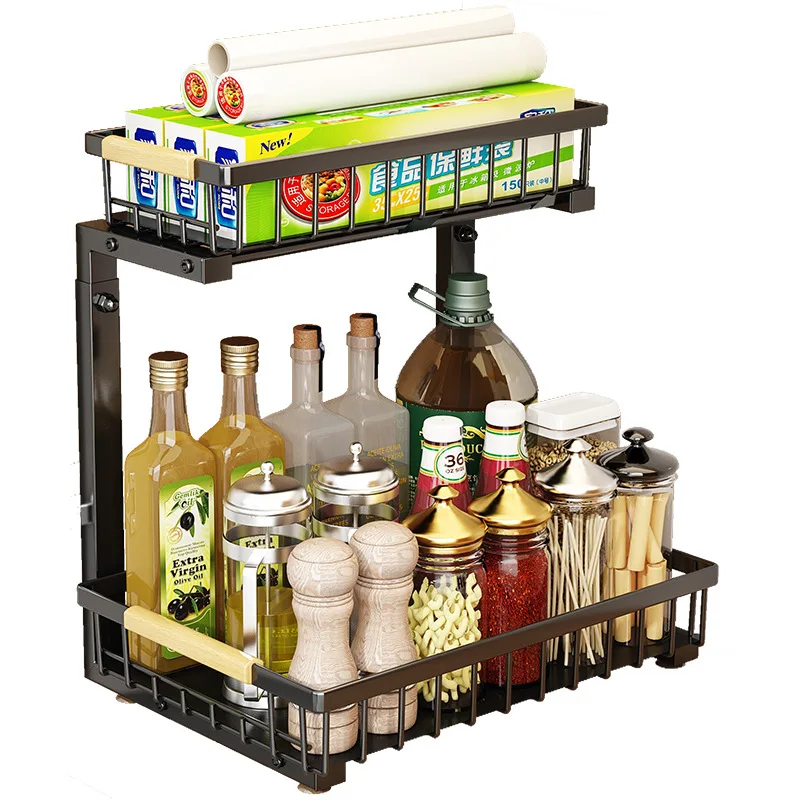 2-stufiger Organizer unter der Spüle, Schiebeschrank, Korb, Aufbewahrungsregal, ausziehbare Veredelung, Gewürze, Badezimmer, Küche, Organizer – Detail 12