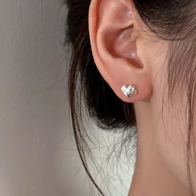 Real 925 Sterling Silver Heart Stud Earrings for Women Fine Jewelry Minimalist Accessories