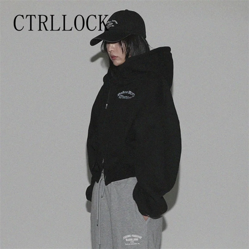 

CTRLLOCK Streetwear Hiphop Short Letters Embroidery Women's Hooded Zipper Cardigan