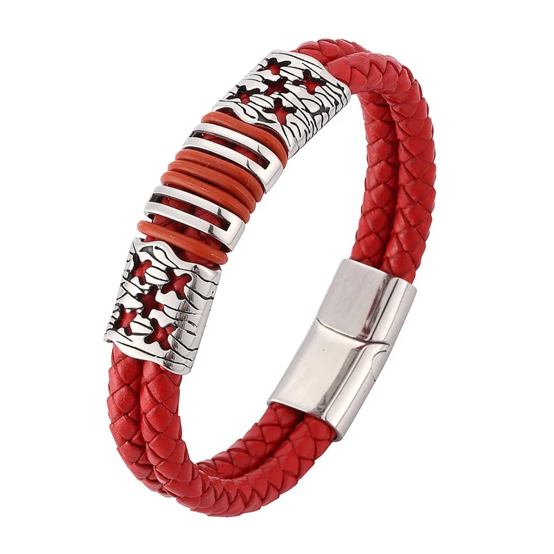 Men's Stainless Steel and Genuine Braided Leather Strip Bracelet 