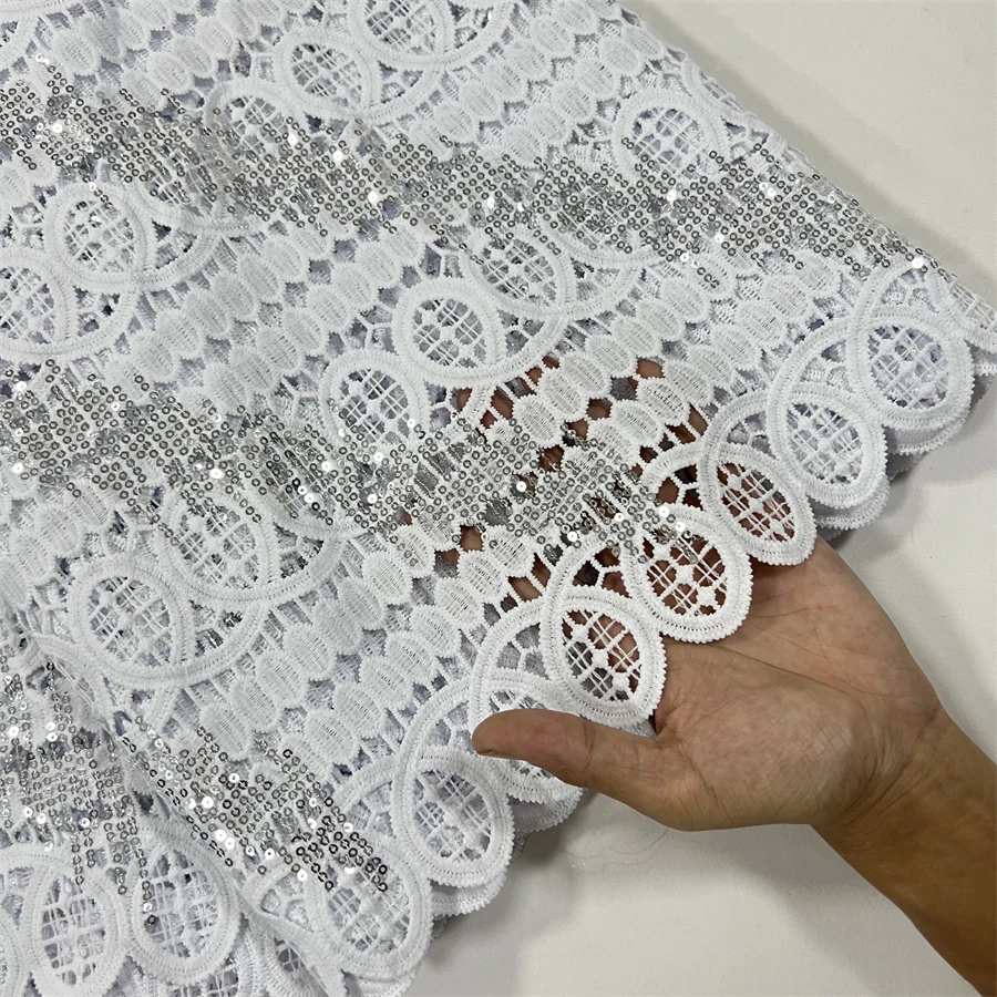 African Sequins Guipure Cord Lace Fabric Nigerian Water Soluble Lace For Women Wedding Dress 5Yards 4070