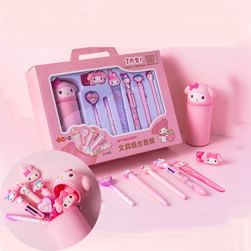 

7 Piece Set Stationery Set Kawaii Sanrio My Melody Anime Figure Pen Holder Ruler Pencil Invisible Pen Student Study Child's Gift