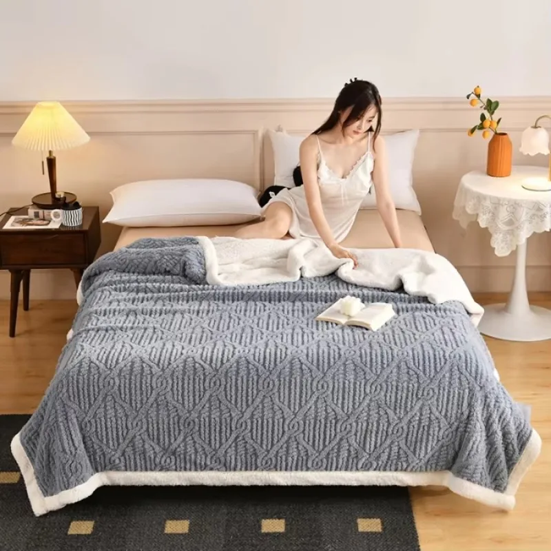 2024New Jacquard AB Edition Tafu Fleece Lamb Fleece Multi functional Blanket Double layer Thickened Office Napping Blanket Cover 3
