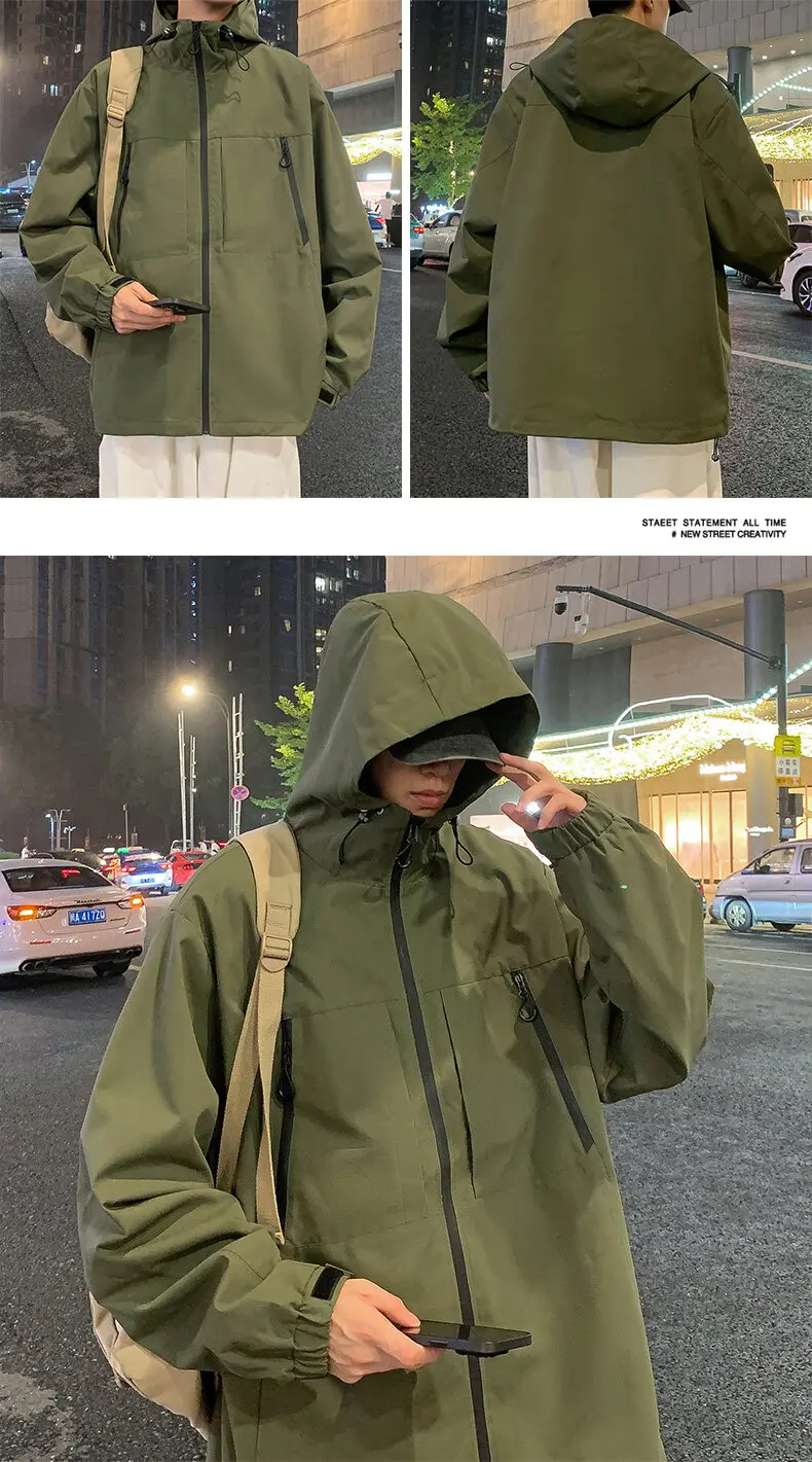 Lässige Herren-Kapuzenjacken für Outdoor-Aktivitäten 2026 Frühling Herbst Jugend Streetwear Lose Einfarbige Mäntel mit Reißverschluss Windbreaker Oberbekleidung – Detail 17