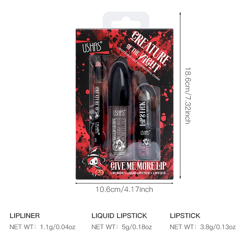 USHAS Halloween Lip Liner + Lipstick Set Black Moisturizing Long Lasting Lip Glaze Purple Brown 3 In 1 Liquid Lipstick Set