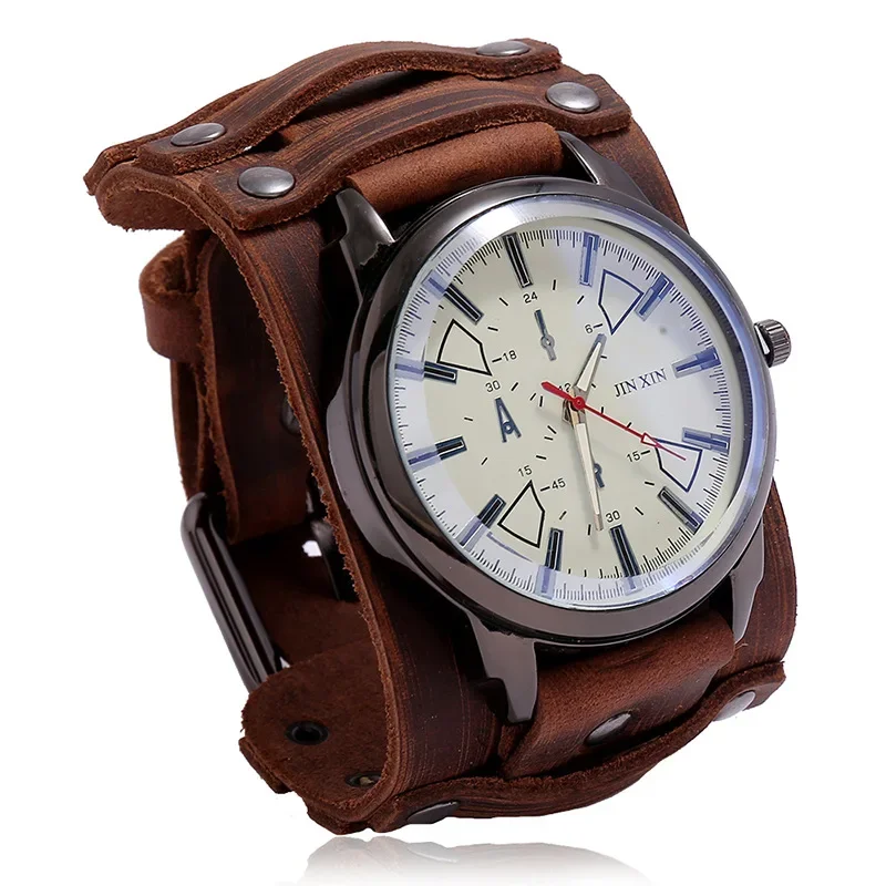 

Mens Quartz Watches Vintage Luxury Wristwatch 2024 Cowhide Watchband Punk Style Watch for Men Wide Genuine Leather Bracelets