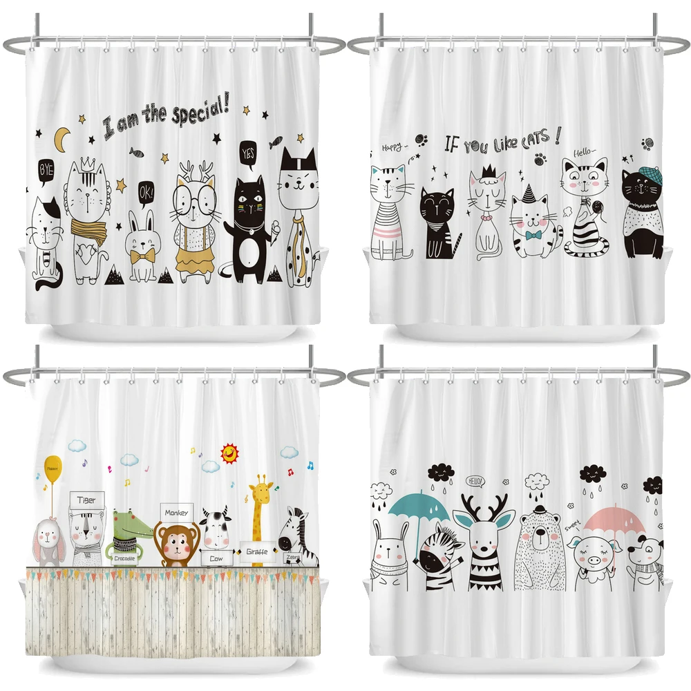 

Cartoon Animals Shower Curtains Cute Dog Elk Bear Zebra Simple Painted Boy Girl Gift Fabric Children Bathroom Curtain With Hooks