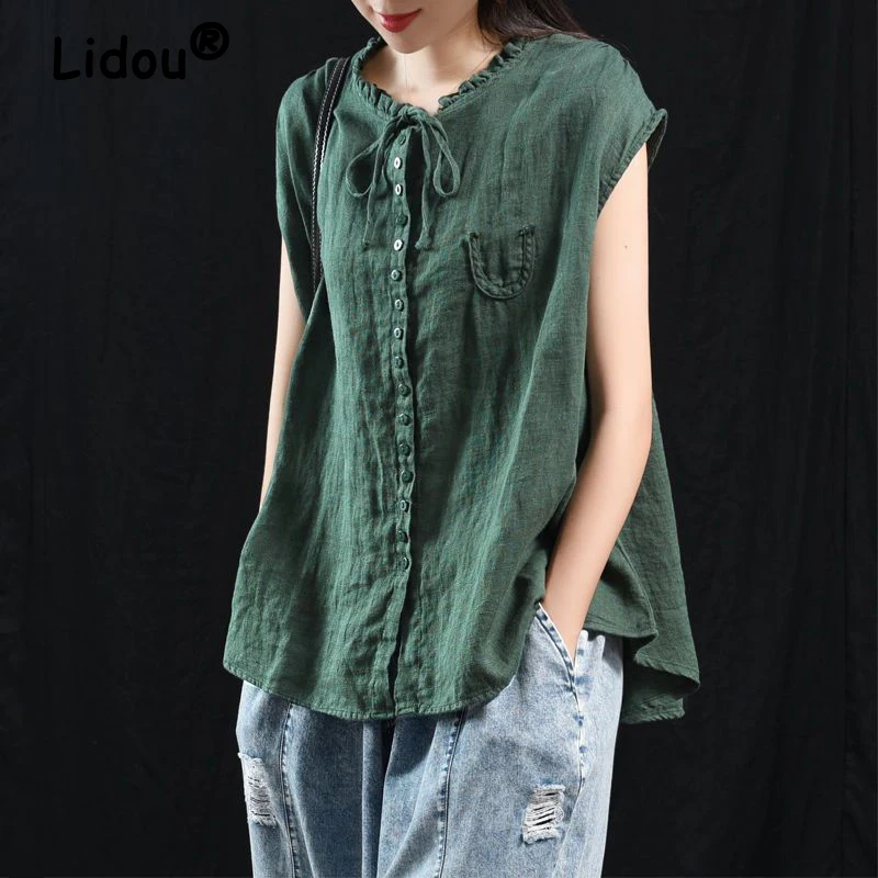 Women Ruffled Lace Up Retro Cotton Linen Button Up Shirt Summer Casual Simple Solid Sleeveless Shirts Irregular Loose Female Top