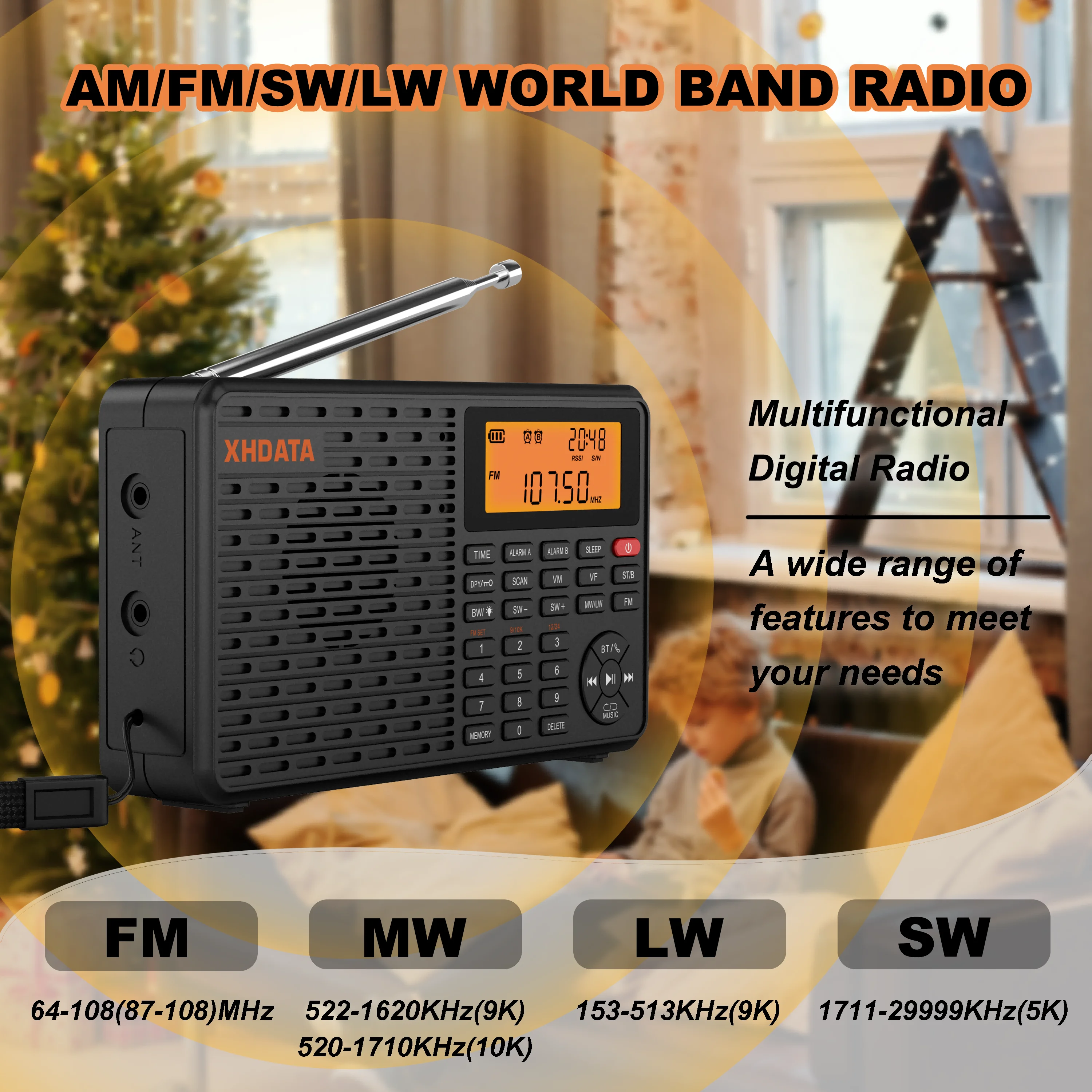 XHDATA D109 FM/AM/SW/LW 휴대용 라디오 D109WB NOAA 기상 라디오 블루투스/TF 카드 MP3 플레이어 야외용 다기능 수신기