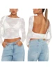 Women's Summer Sheer Crop Tops Long Sleeve Open Back Lace Floral Going Out Tops 5