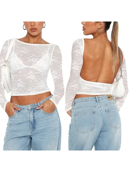 Women's Summer Sheer Crop Tops Long Sleeve Open Back Lace Floral Going Out Tops 5