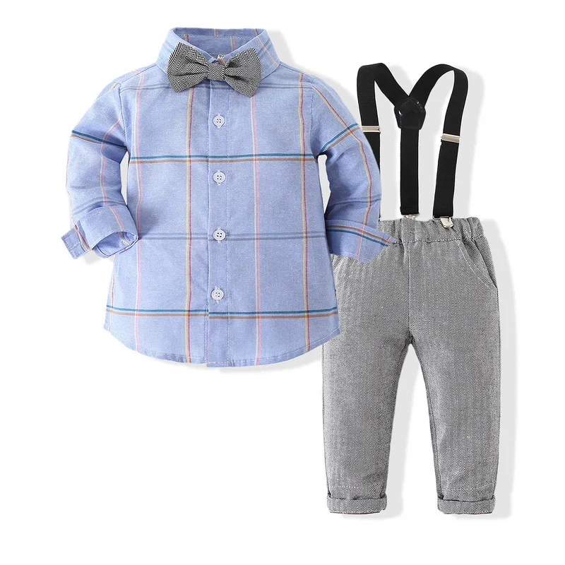 

2Piece Spring Fall Baby Clothes New Born Fashion Casual Gentleman Plaid Cotton Shirt+Pants+Strap+Bow Boys Sets Clothing BC015-1