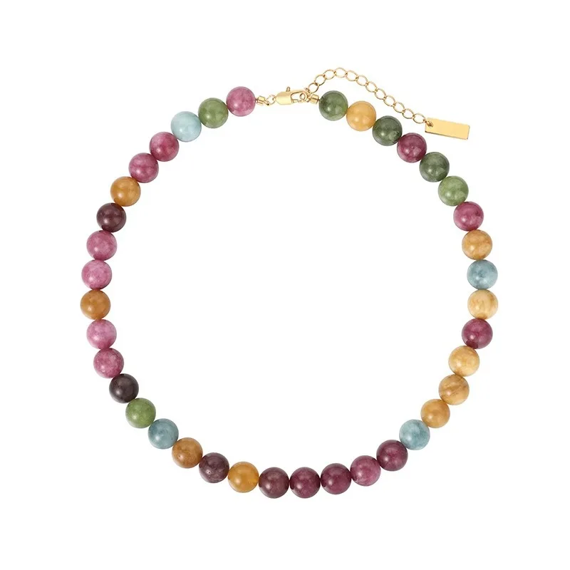 Colar feminino de turmalina colorida natural com contas de 8mm e corrente folheada a ouro 14K - foto 6