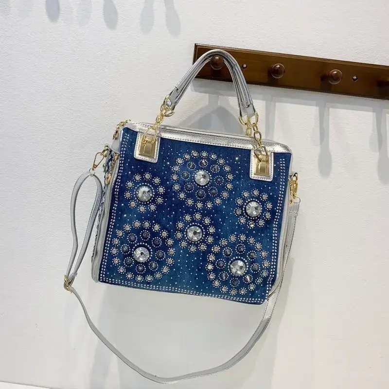

New Korean Fashion Denim Handbags Women Luxury Diamond Tote Shoulder Bags Gold Silver Large Capacity Crossbody Bags