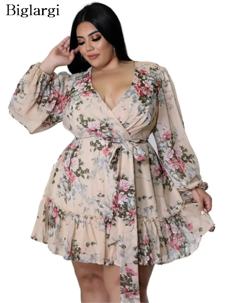 

Plus Size Autumn V-Neck Dress Women Ruffle Pleated Sexy Modis Flower Print Ladies Dresses Long Sleeve Loose Woman Dress 2023