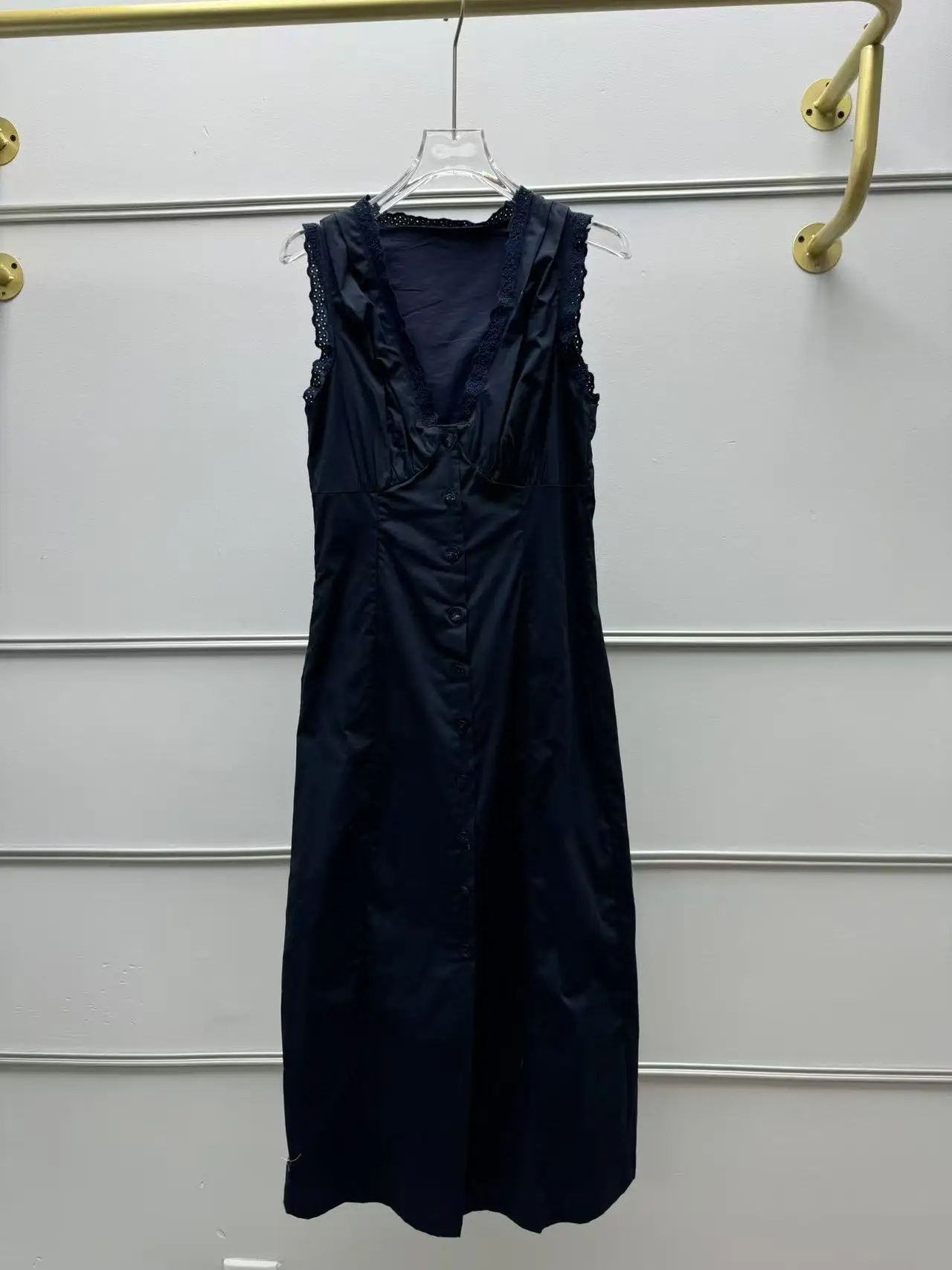 100% Cotton Female Single-Breasted Midi Dress Solid Color V-Neck Lace  Splices Tank Dress High Waist Lady Summer Robe - AliExpress 200000345