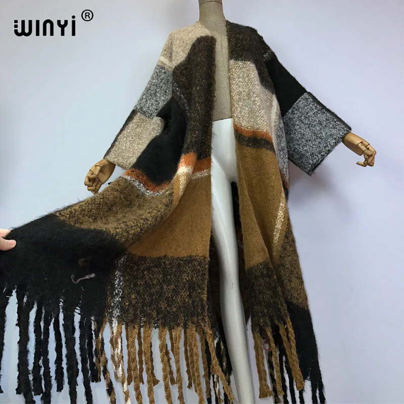 WINYI 여성용 겨울 코트, 레트로 스타일 프린트 태슬, 럭셔리 롱 퍼, 루즈 오버 코트, 두껍고 따뜻한 롱 다운 코트, 패션 가디건
