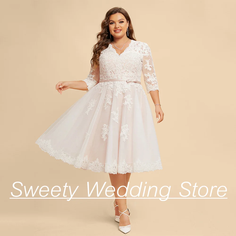 

Short Wedding Dress Plus Size 2024 V Neck 3/4 Sleeves Applique Tulle A Line Tea Length Brush Pink Bridal Gown Vestidos De Novia