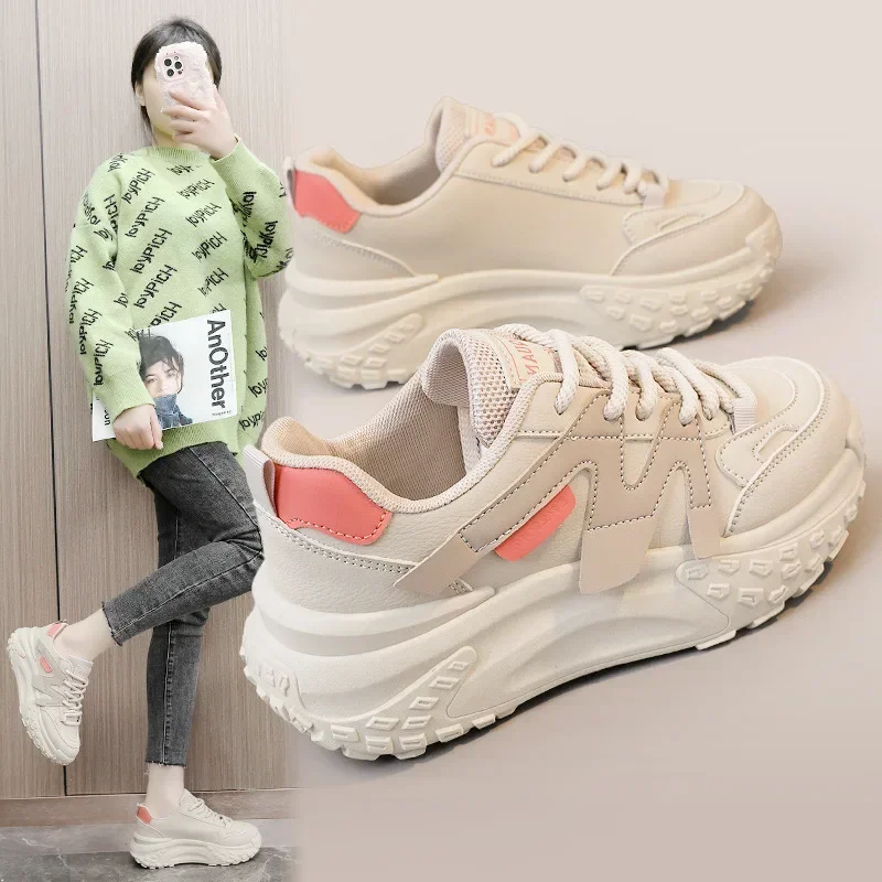 

New 2024 Spring and Autumn Color Matching Daddy Shoes Thick-soled Leather Streets Wear-resistant womens shoes sneakers students