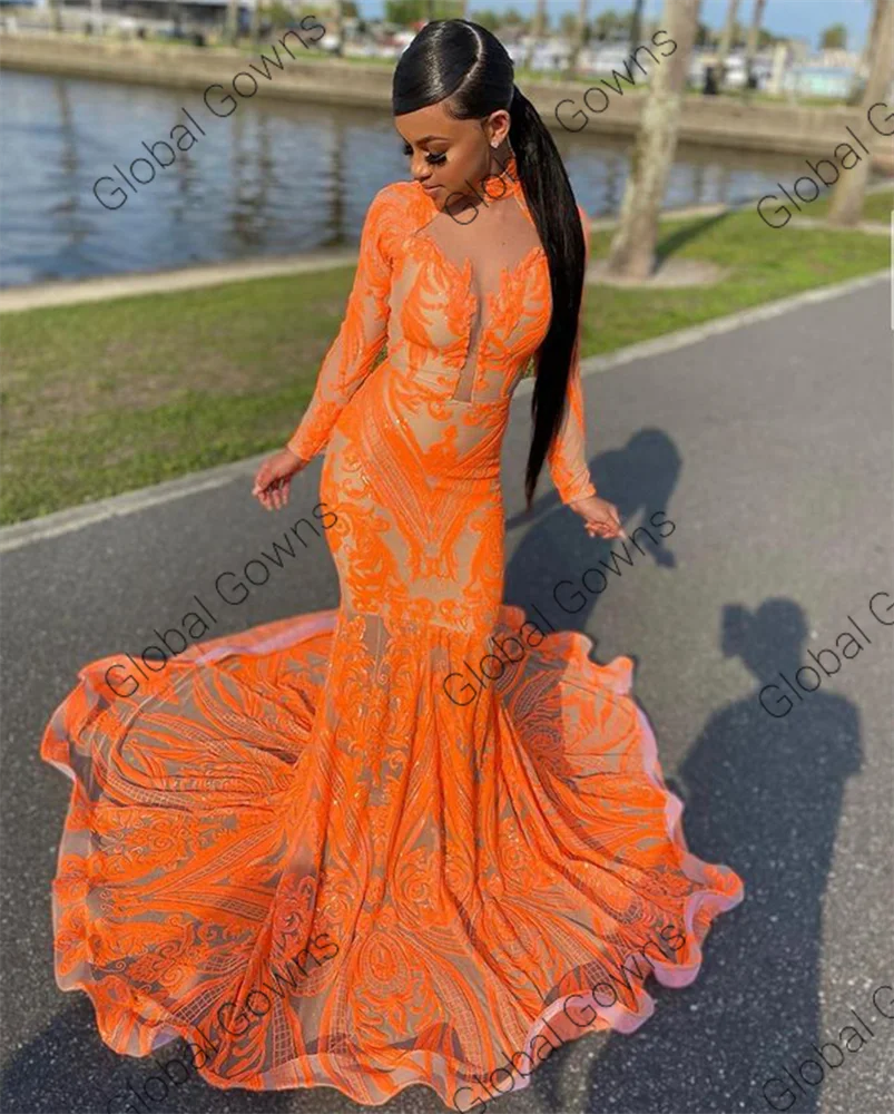 Orange Long Prom Dresses with Rhinestones High Neck – loveangeldress