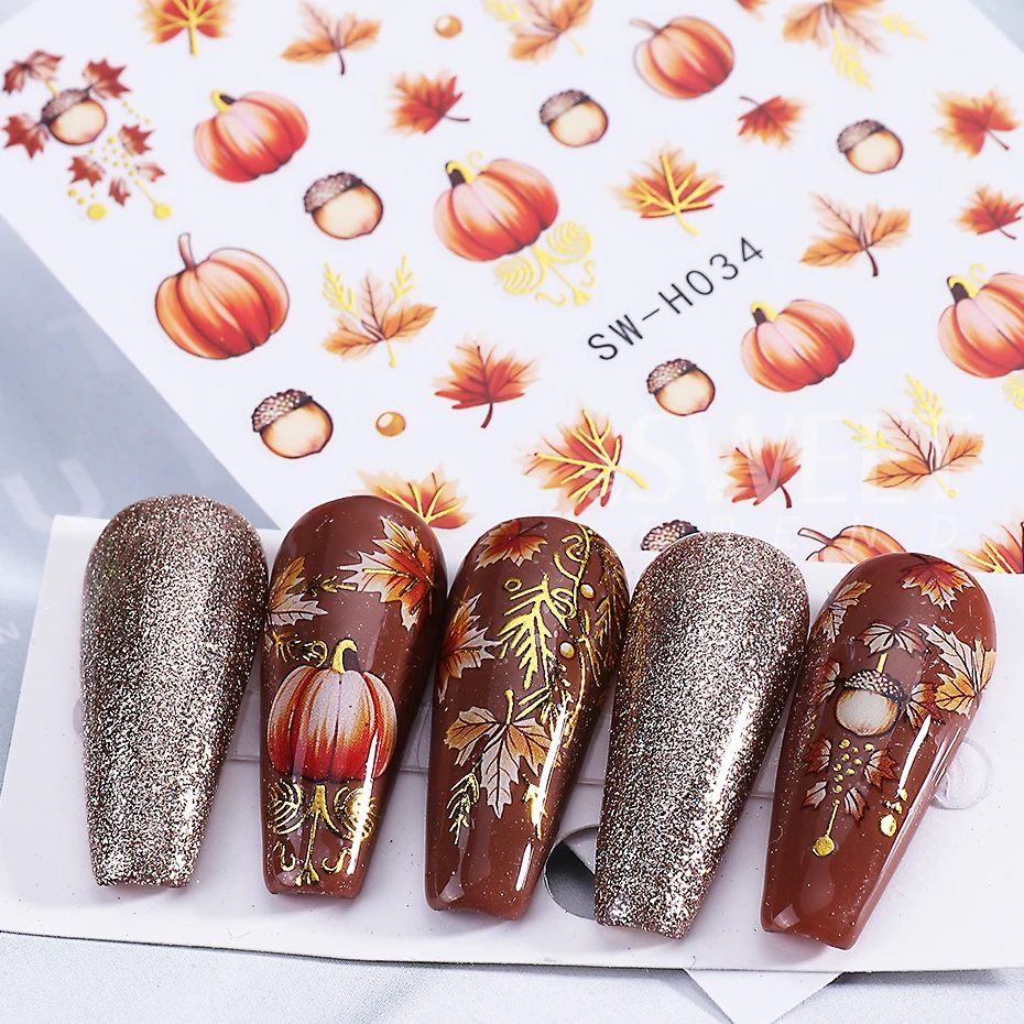2pcs Autumn Pumpkin Nail Stickers 3D Maple Leaf Pine Fruit Self-Adhesive Nail Decals Slider DIY Thanksgiving Manicure Decoration