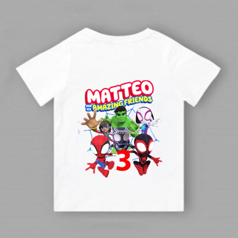 thumbnail image 1 of Camiseta de fiesta de cumpleaños para niño de Marvel Spider Man y sus buenos amigos, para niños de 2, 3, 4, 5, 6, 7, 8 y 9 años, personalizada, de verano, color blanco, 1 of 5