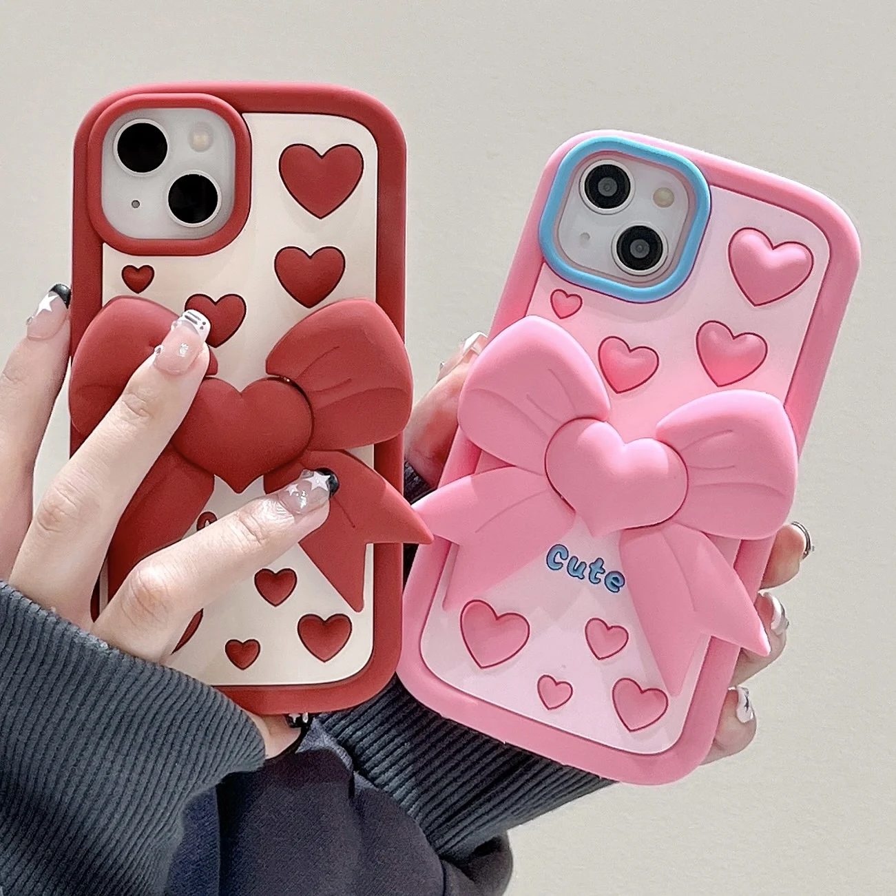 3D Cute Bowknot Folding Bracket Kickstand Soft Silicone Phone Case for iPhone 11 12 13 14 15 Pro Max Heart New Year Cover Shell