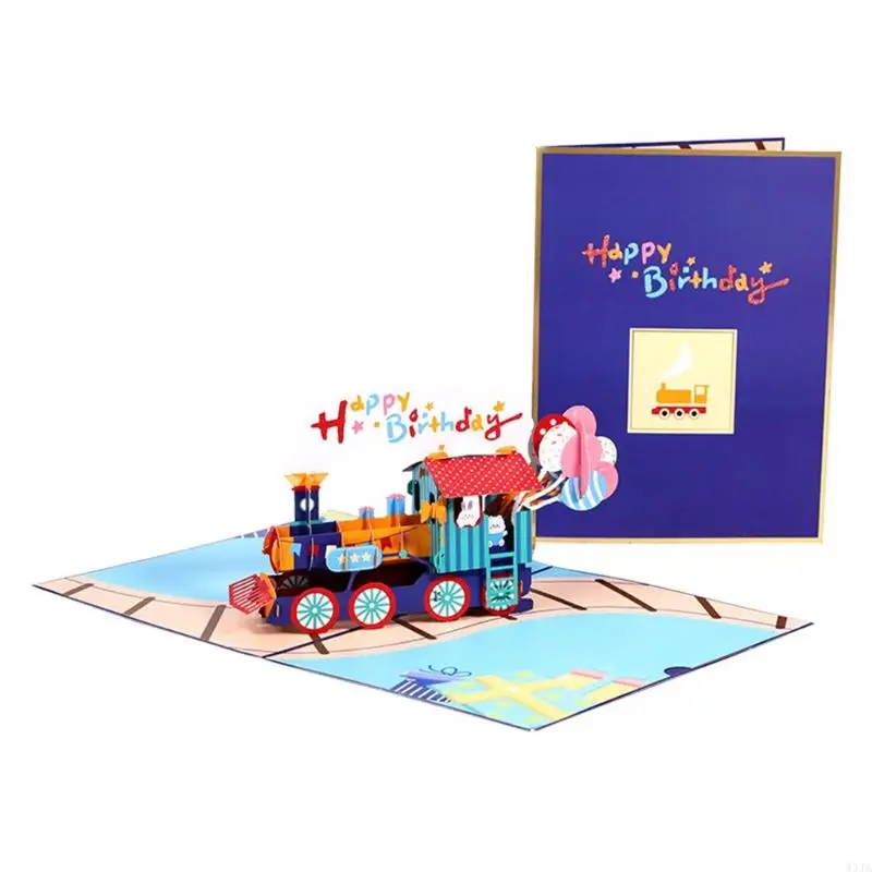 W3JA 3D Train Pop-Up Greeting Cards for Birthday New Year Postcards with Envelope