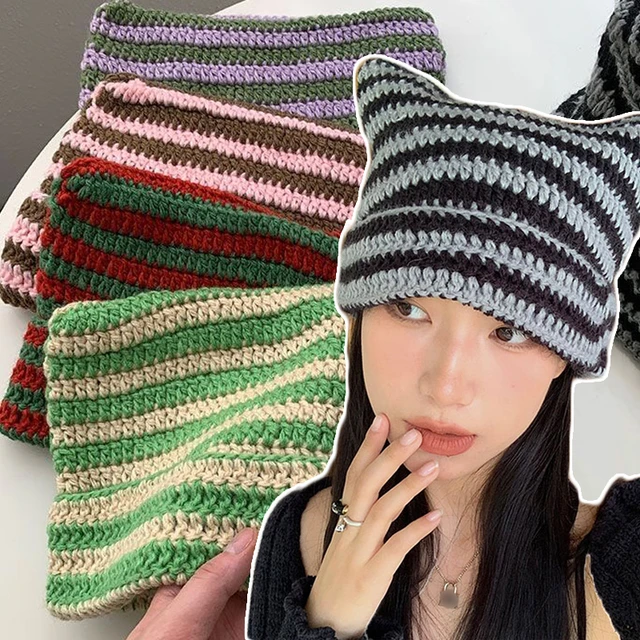 Bonnet Chat Crochet Pour Femme - Accessoires Grunge Vintage Slouchy Hat-n