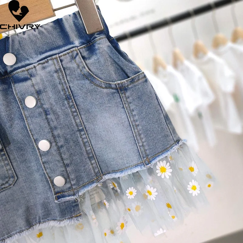 Summer New 2022 Kids Girls Fashion Skirts Mesh Patchwork Daisy Button Denim Skirt with Pockets Girls Children Casual Clothing