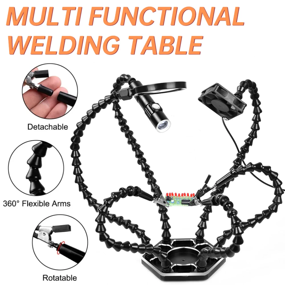 

Table Clamp Soldering Station with 3X USB Magnifier&Fan 6Pcs Flexible Arms Soldering PCB Holder Welding Repair Third Hand Tool