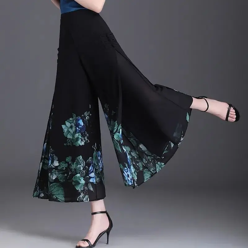 Summer Chinese Style Vintage Chiffon Wide Leg Pants Women High Waist Print Patchwork Pocket Button Straight Cropped Trousers