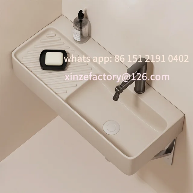 อ่างล้างหน้าเซรามิกติดผนังแบบแคบพิเศษสำหรับฤดูหนาว ปรับแต่งได้ สีครีม ใช้สำหรับล้างหน้า ซักผ้า ติดตั้งบนระเบียง แบบแขวนเรียบง่าย 2