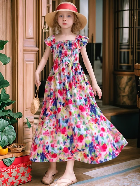 Vêtements pour filles, robes longues douces et mignonnes pour le printemps et l'été, robes de plage à manches courtes, robes longues à fleurs 1