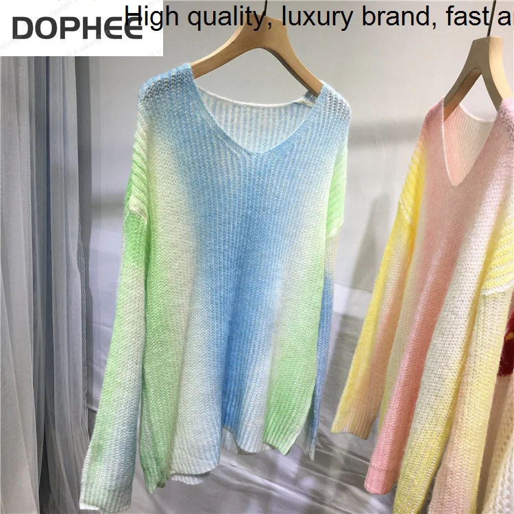 

Pink Gradient Korea Tie-dye Women Sweaters 2023 New Autumn Winter Loose V-neck Pullovers Top Lazy Wind Soft Knitted Jumpers