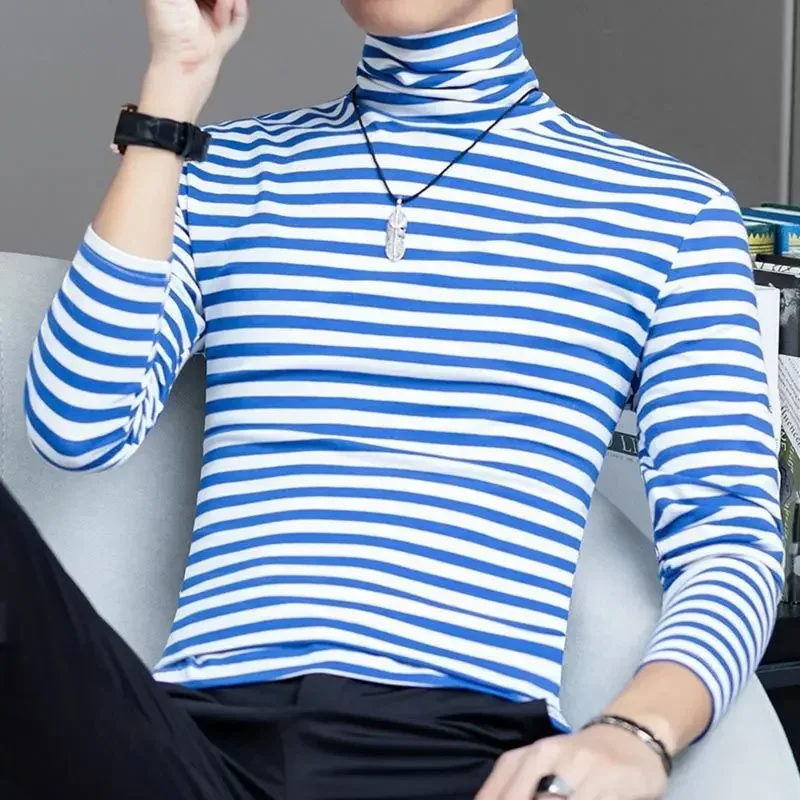 thumbnail image 1 of Camisetas para hombre, ropa coreana de otoño para hombre, camisetas ajustadas a rayas, camisetas de gran tamaño, cuello alto, ajustadas, rojas, de alta calidad, nuevas Y2k A, 1 of 4