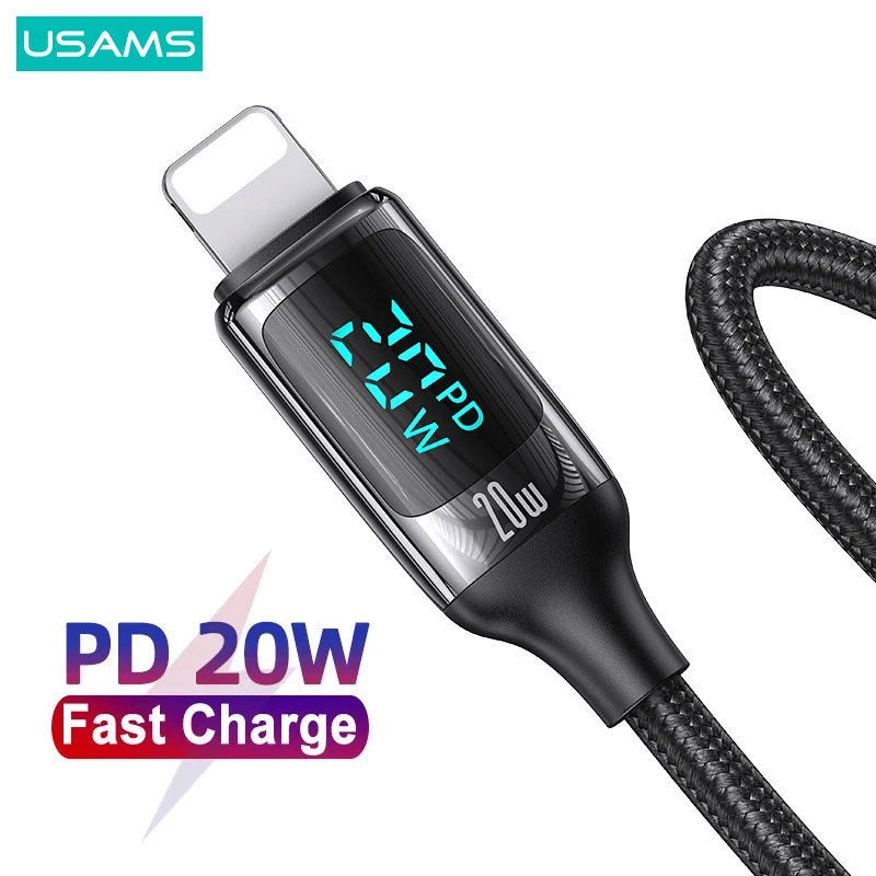 usb phone charger USAMS PD 20W 12W LED Display Fast Charge Cable USB A C To Lightning Phone Cable For iPhone 13 12 11 Mini Pro Max X Xs Xr 8 Plus android charger
