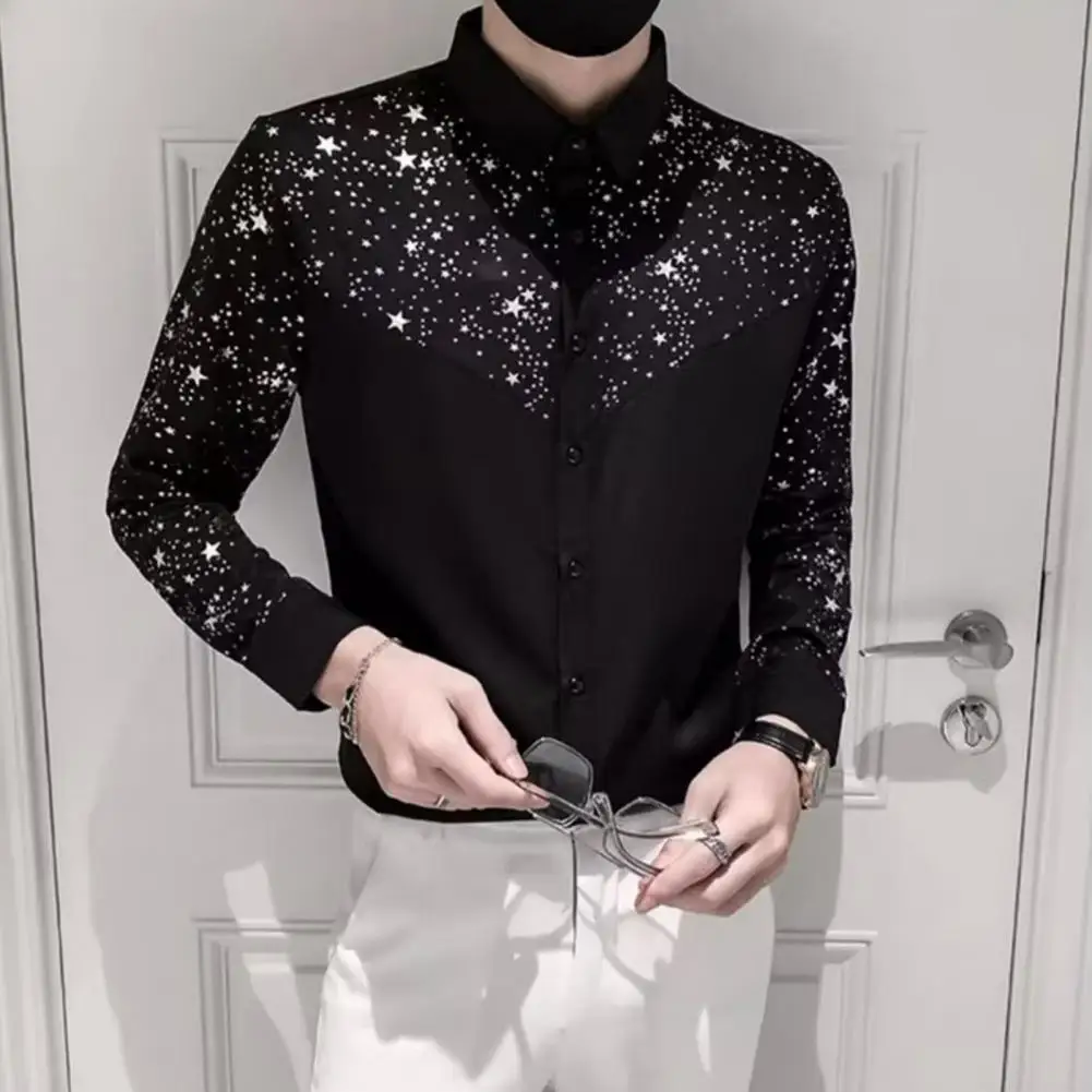 

Sequin Embellished Shirt Sequin Star Patchwork Cardigan Men's Slim Fit Long Sleeve Shirt with Turn-down Collar Soft for Stylish