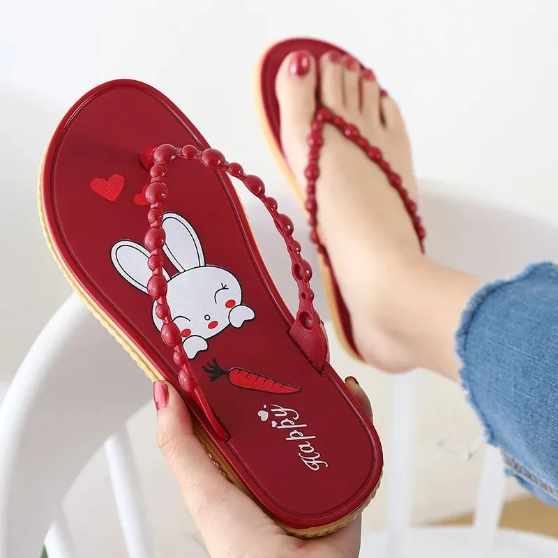 Cute PVC Rabbit Women's Slippers Non-Slip Thick Sole Bath Beach Sandals Summer Outdoor Casual Comfortable Flip Flops for Ladies