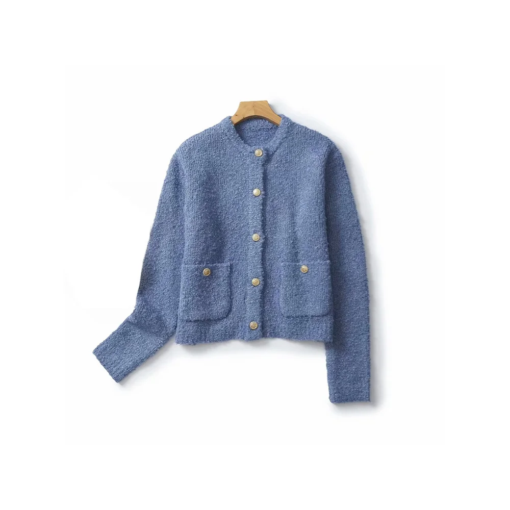 

2023 autumn and winter Xiaoxiang style blue casual knitted single-breasted mini knitted cardigan short jacket