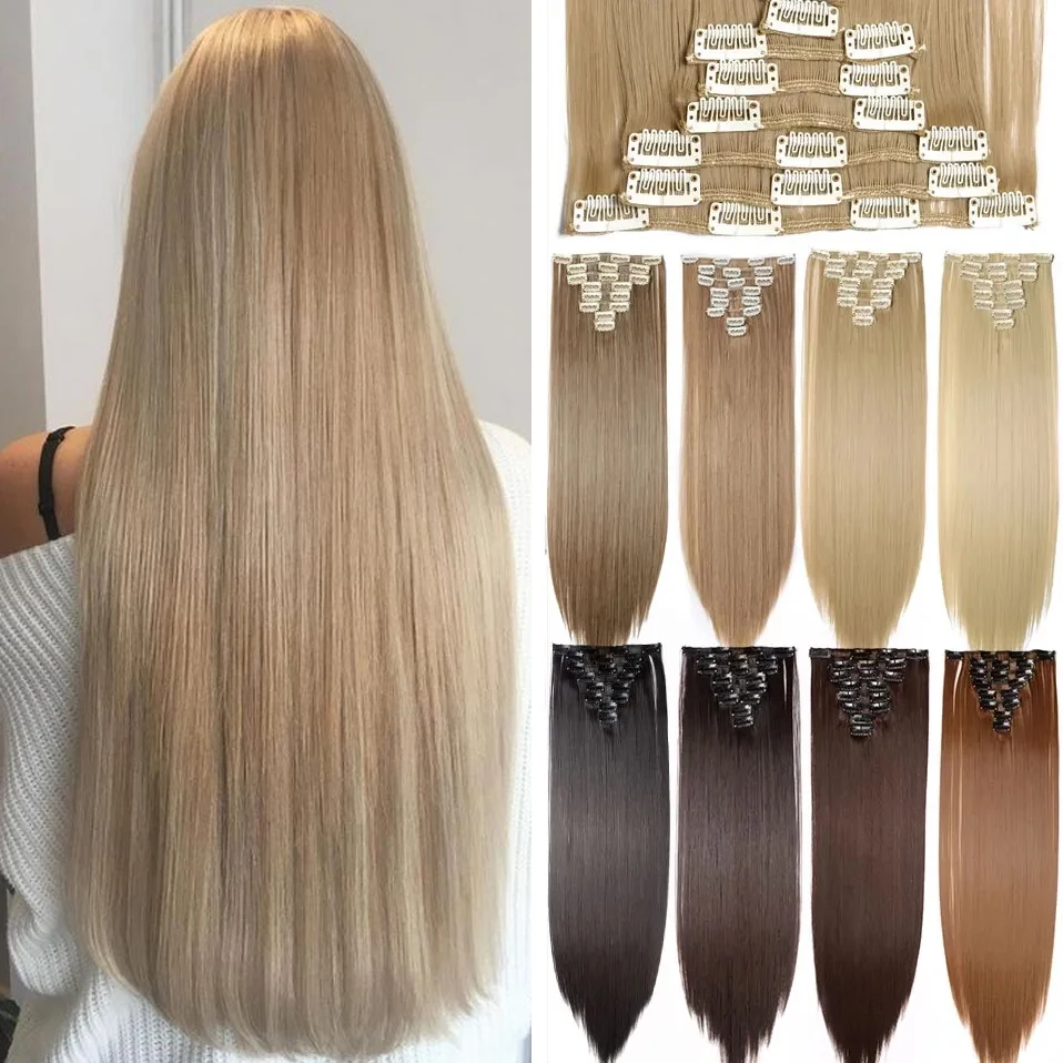 S-noilite 합성 클립 원피스 헤어 익스텐션, 긴 스트레이트 웨이브, 53 컬러, 블랙, 금발 클립, 24 인치, 세트당 8 개