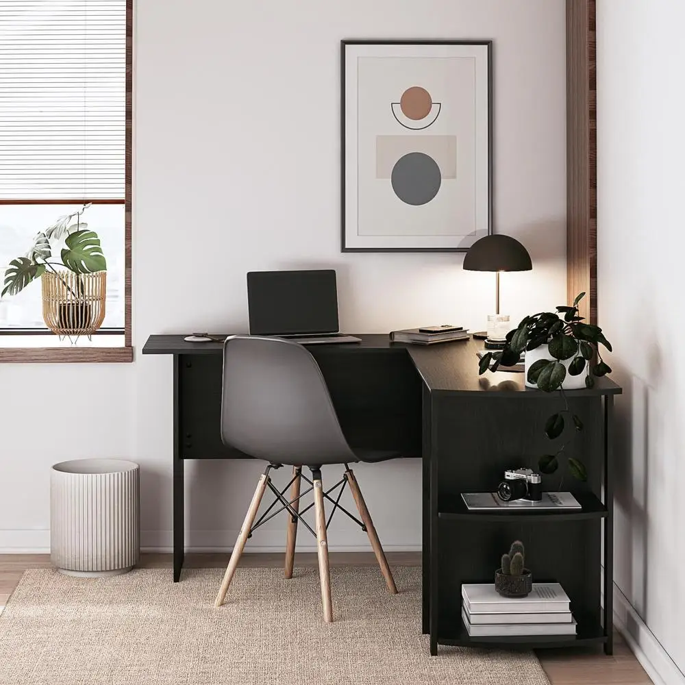 L Shaped Computer Desk with Open Shelves Corner Design Space Saving Furniture Home Office Organization 3