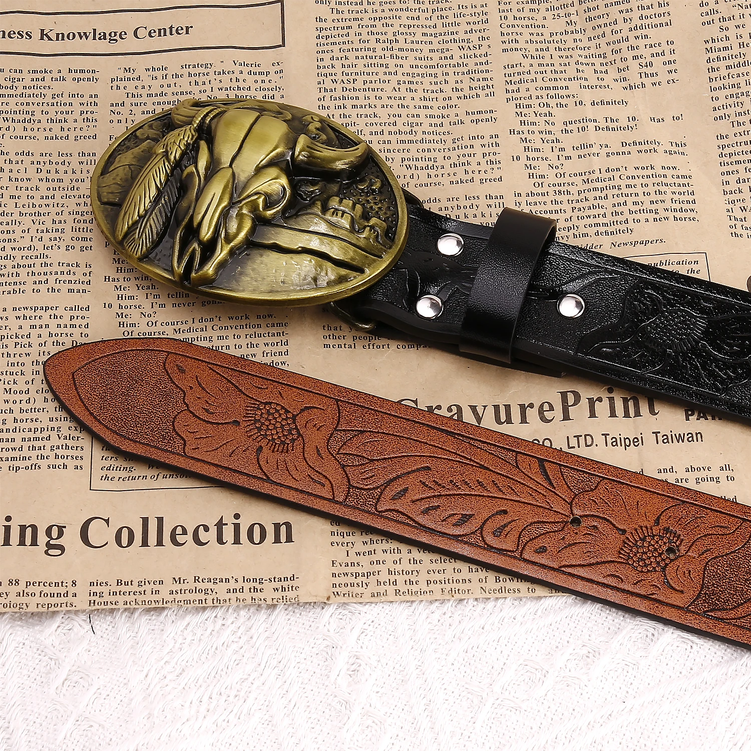 Classic retro Cow Head Belt Cowboy Essential Engraving Embossed Texture Three-dimensional Buckle Head plaid and Durable